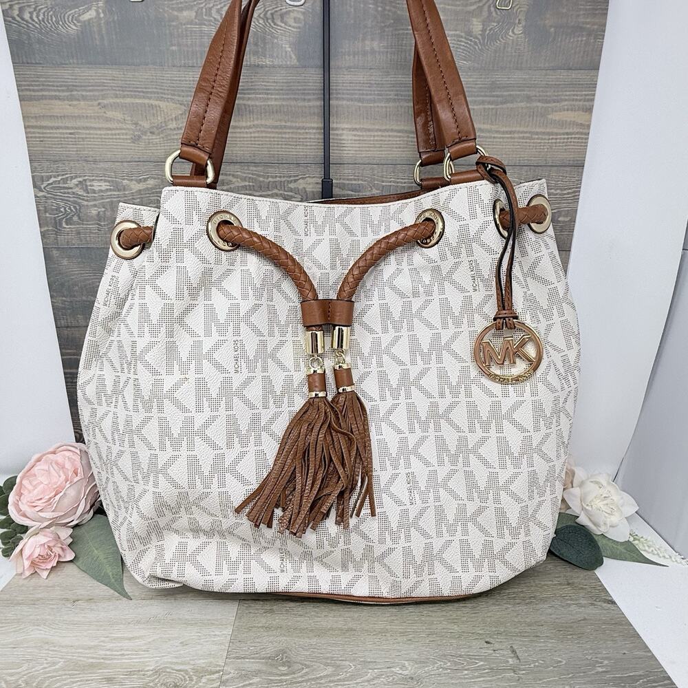 Michael Kors Vanilla Jet Set Marina Large Gathered Logo Tote Purse Shoulder Bag